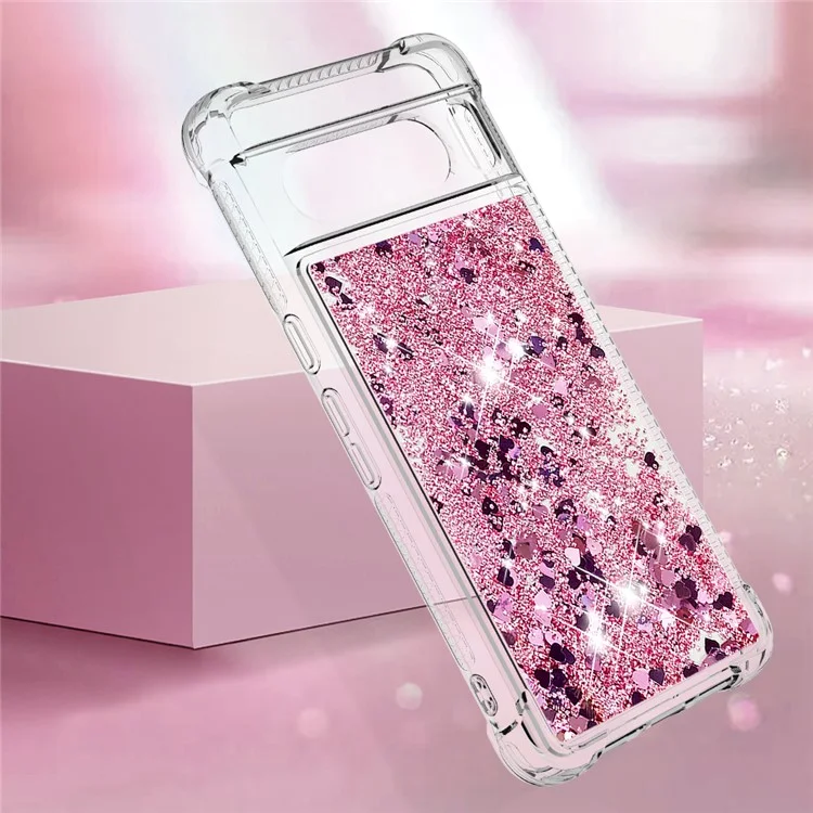 For Google Pixel 8 Pro TPU Case Glitter Quicksand Shockproof Phone Back Cover - Rose Gold / Hearts