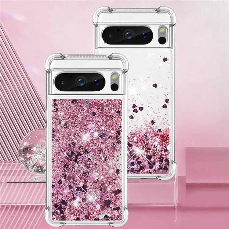 For Google Pixel 8 Pro TPU Case Glitter Quicksand Shockproof Phone Back Cover - Rose Gold / Hearts