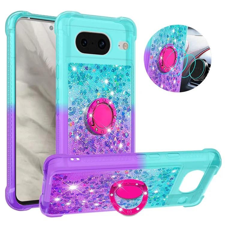 For Google Pixel 8 TPU Case with Kickstand Gradiant Quicksand Shockproof Cover - Sky Blue+Purple