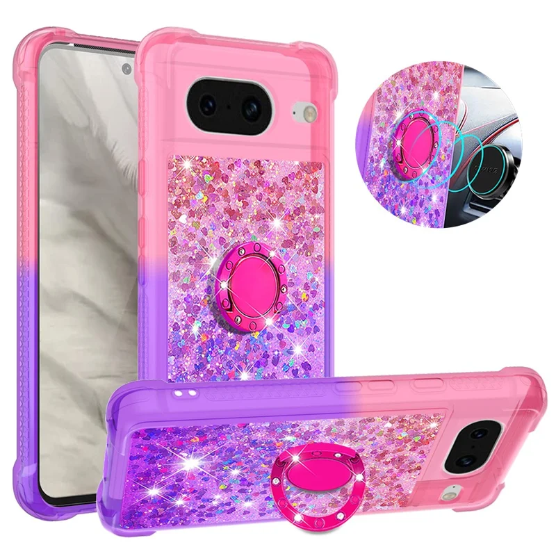 For Google Pixel 8 TPU Case with Kickstand Gradiant Quicksand Shockproof Cover - Pink+Purple