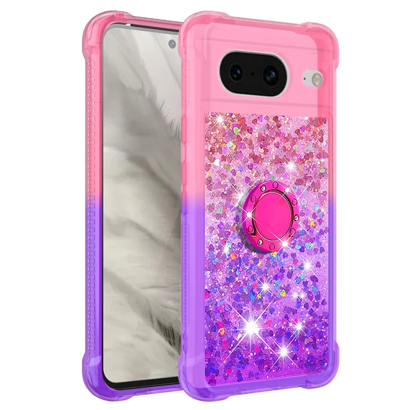 For Google Pixel 8 TPU Case with Kickstand Gradiant Quicksand Shockproof Cover - Pink+Purple