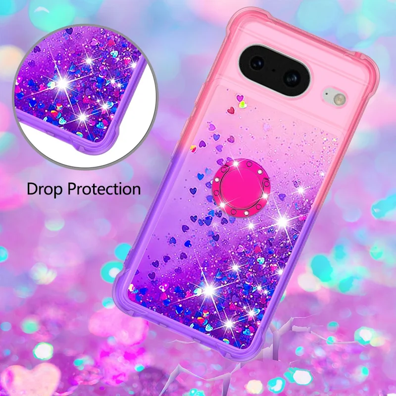 For Google Pixel 8 TPU Case with Kickstand Gradiant Quicksand Shockproof Cover - Pink+Purple