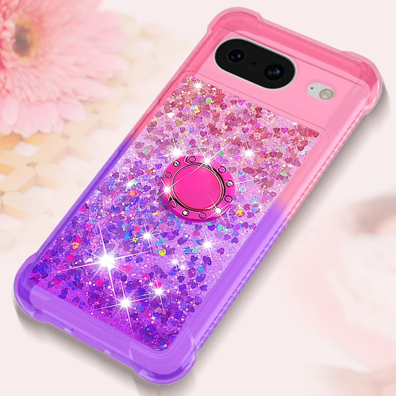 For Google Pixel 8 TPU Case with Kickstand Gradiant Quicksand Shockproof Cover - Pink+Purple