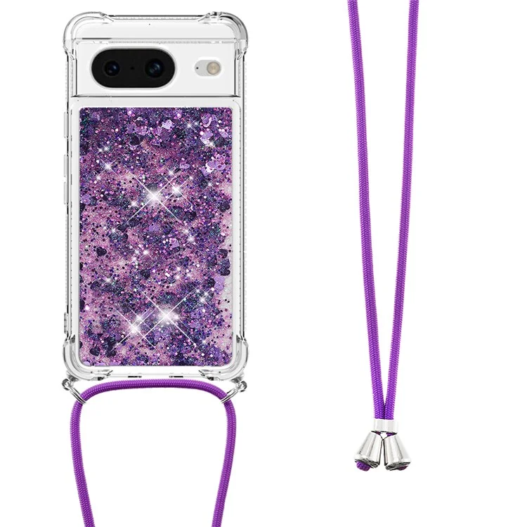 For Google Pixel 8 TPU Case Quicksand Design Phone Cover with Lanyard - Dark Purple / Hearts