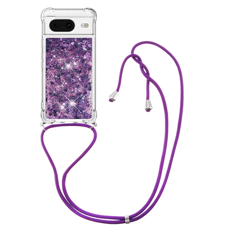 For Google Pixel 8 TPU Case Quicksand Design Phone Cover with Lanyard - Dark Purple / Hearts