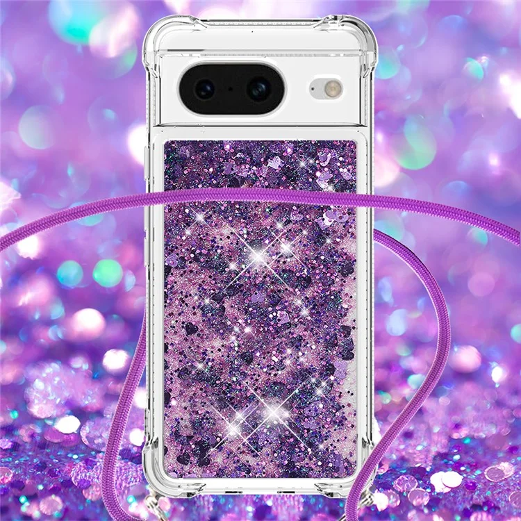 For Google Pixel 8 TPU Case Quicksand Design Phone Cover with Lanyard - Dark Purple / Hearts
