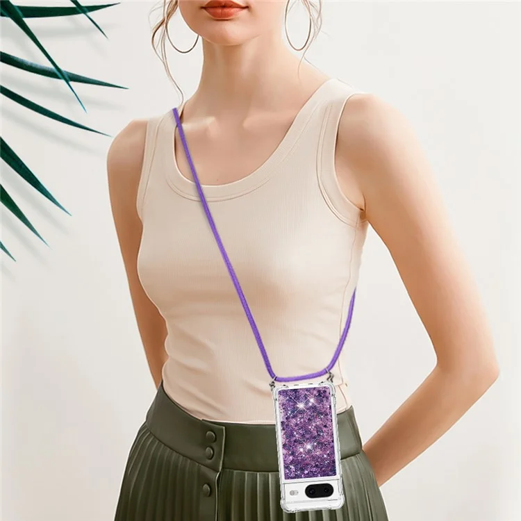 For Google Pixel 8 TPU Case Quicksand Design Phone Cover with Lanyard - Dark Purple / Hearts