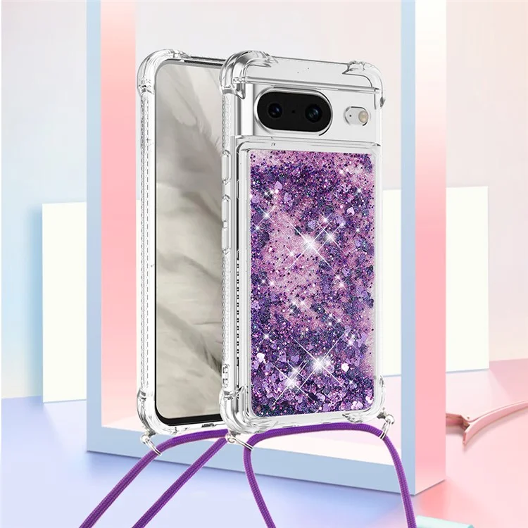 For Google Pixel 8 TPU Case Quicksand Design Phone Cover with Lanyard - Dark Purple / Hearts
