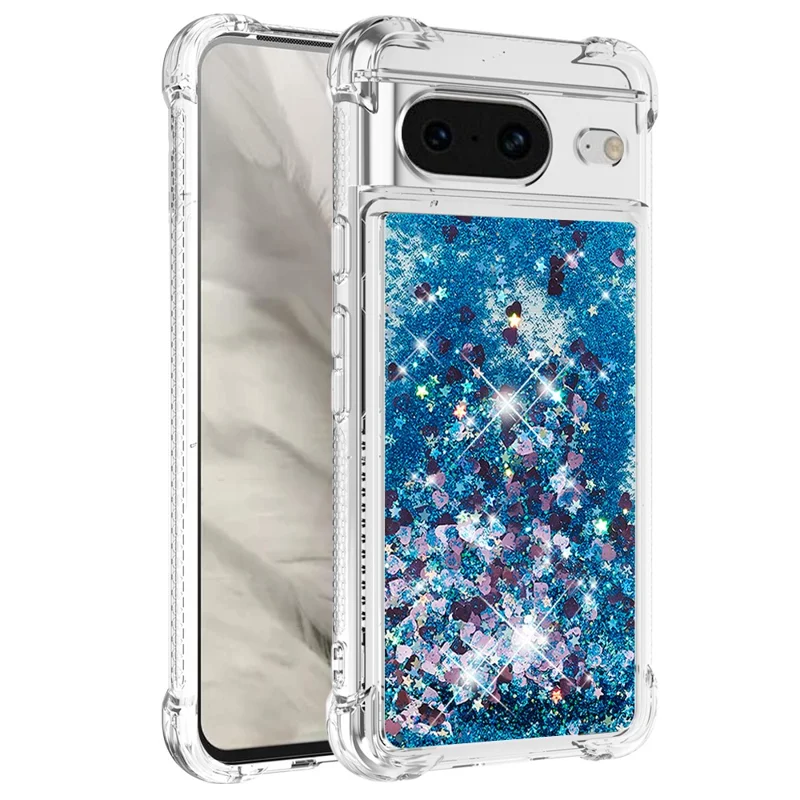 For Google Pixel 8 TPU Case Glitter Quicksand Shockproof Phone Back Cover - Blue / Hearts