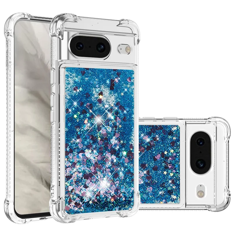 For Google Pixel 8 TPU Case Glitter Quicksand Shockproof Phone Back Cover - Blue / Hearts