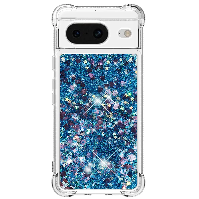 For Google Pixel 8 TPU Case Glitter Quicksand Shockproof Phone Back Cover - Blue / Hearts