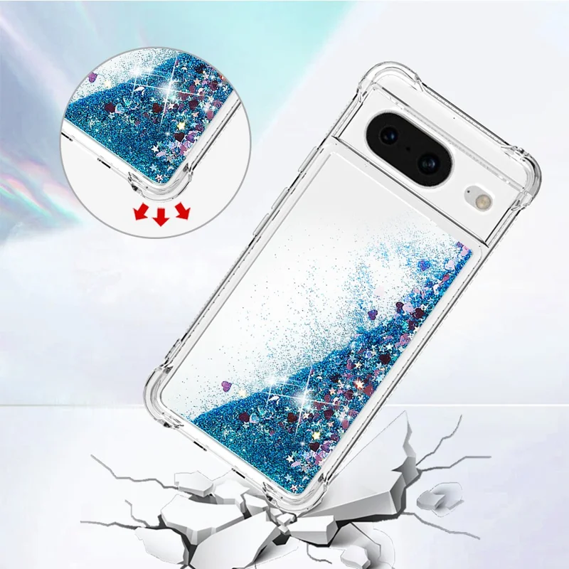 For Google Pixel 8 TPU Case Glitter Quicksand Shockproof Phone Back Cover - Blue / Hearts