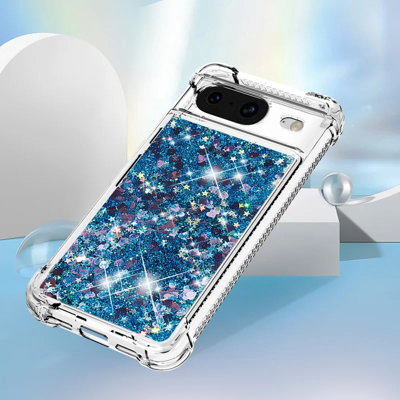 For Google Pixel 8 TPU Case Glitter Quicksand Shockproof Phone Back Cover - Blue / Hearts