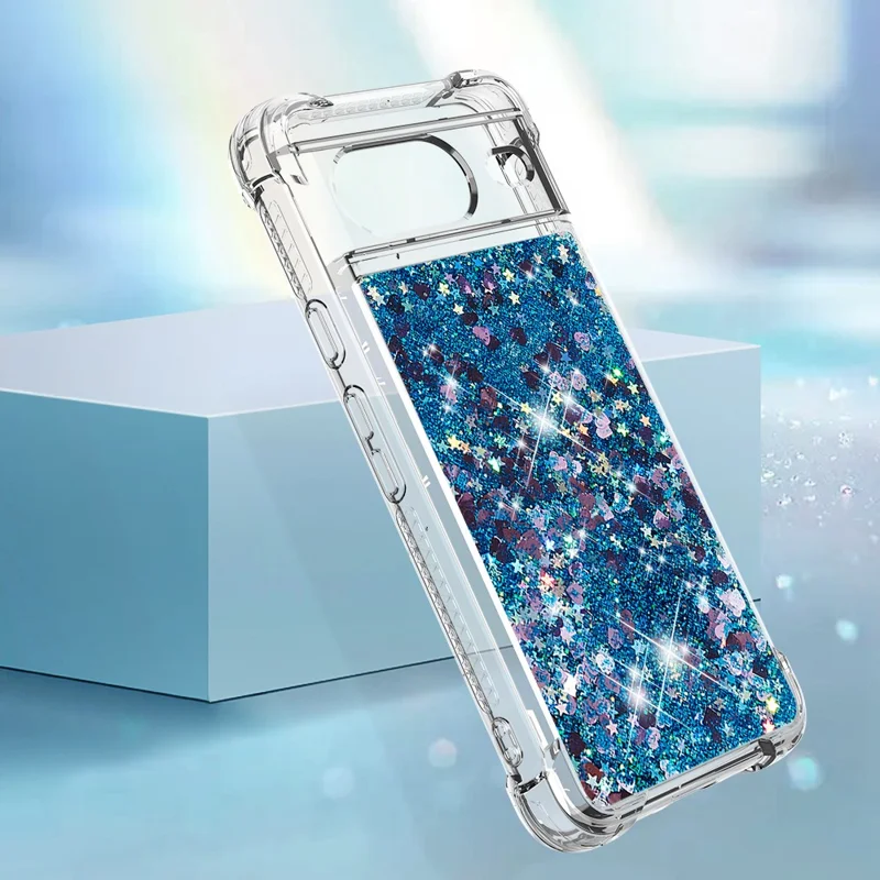 For Google Pixel 8 TPU Case Glitter Quicksand Shockproof Phone Back Cover - Blue / Hearts