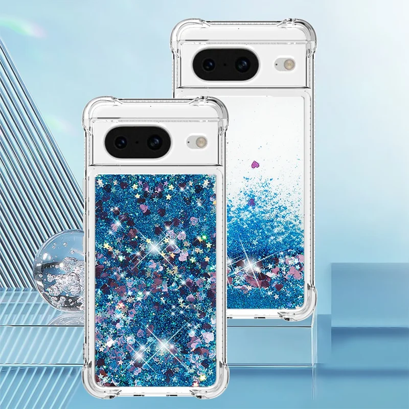 For Google Pixel 8 TPU Case Glitter Quicksand Shockproof Phone Back Cover - Blue / Hearts