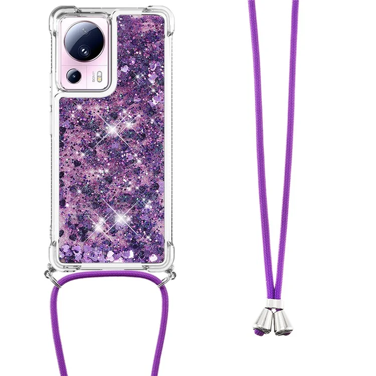 YB Quicksand Series-4 Liquid Bling Case para Xiaomi 13 Lite / Civi 2 5G, Funda de teléfono a prueba de golpes de TPU suave con cordón - Púrpura Oscuro / Corazones
