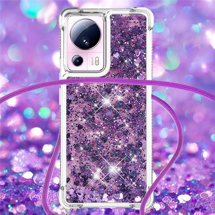 YB Quicksand Series-4 Liquid Bling Case para Xiaomi 13 Lite / Civi 2 5G, Funda de teléfono a prueba de golpes de TPU suave con cordón - Púrpura Oscuro / Corazones