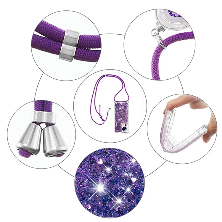 YB Quicksand Series-4 Liquid Bling Case para Xiaomi 13 Lite / Civi 2 5G, Funda de teléfono a prueba de golpes de TPU suave con cordón - Púrpura Oscuro / Corazones