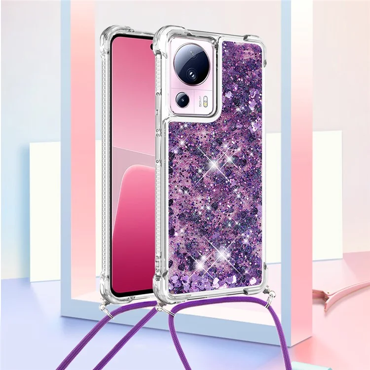 YB Quicksand Series-4 Liquid Bling Case para Xiaomi 13 Lite / Civi 2 5G, Funda de teléfono a prueba de golpes de TPU suave con cordón - Púrpura Oscuro / Corazones