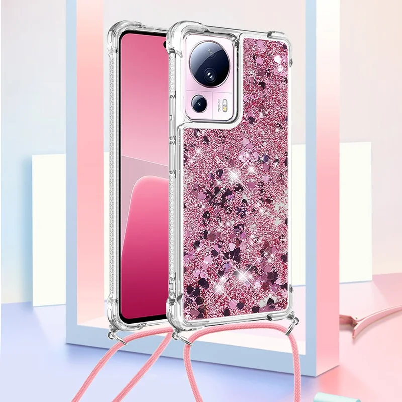 Case de Bling Líquido YB Quicksand 4 Para Xiaomi 13 Lite / Civi 2 5g, Cubierta de Teléfono TPU Suave a Prueba de Choque Con Cordón - Oro Rosa / Corazones