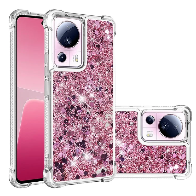 YB Quicksand Series-1 para Xiaomi 13 Lite / Civi 2 5G Carcasa Suave TPU con Purpurina Líquida y Fluir - Rosa Dorado / Corazones