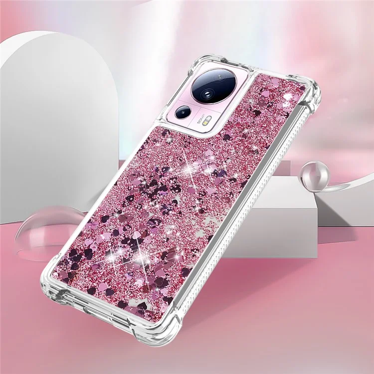 YB Quicksand Series-1 para Xiaomi 13 Lite / Civi 2 5G Carcasa Suave TPU con Purpurina Líquida y Fluir - Rosa Dorado / Corazones