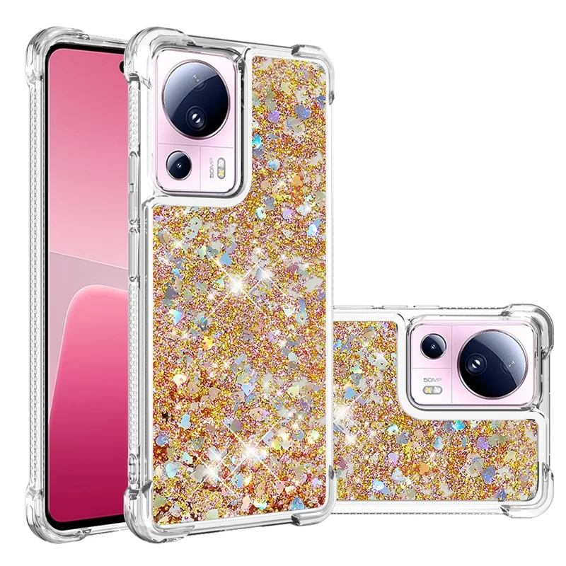YB Quicksand Series-1 Para Xiaomi 13 Lite / Civi 2 5G TPU Soft TPU Bling Liquel Bling Sluglipling Pole Tape - Ouro / Corações