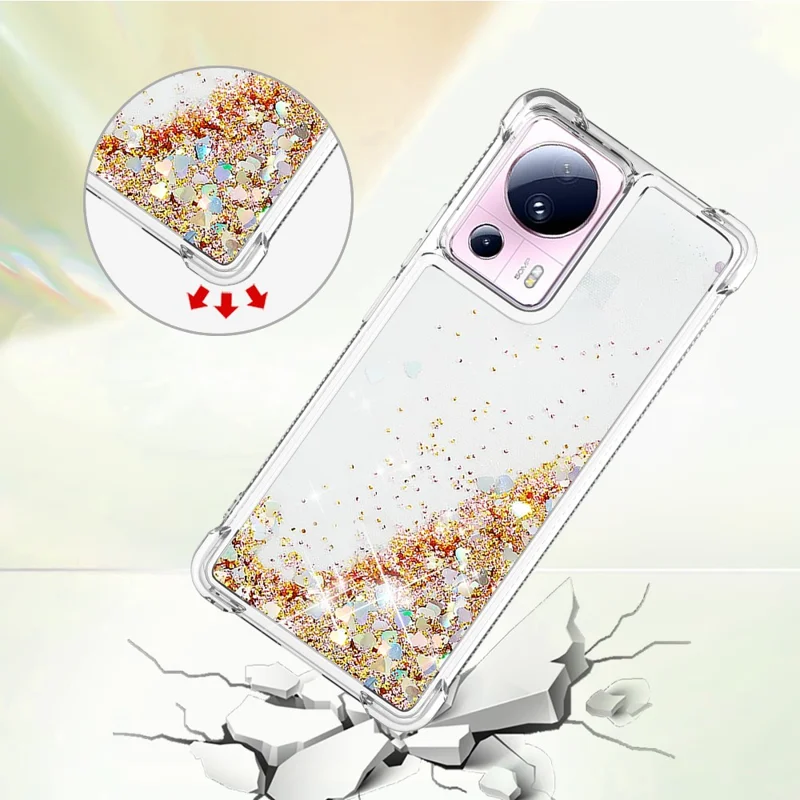 YB Quicksand Series-1 Para Xiaomi 13 Lite / Civi 2 5G TPU Soft TPU Bling Liquel Bling Sluglipling Pole Tape - Ouro / Corações
