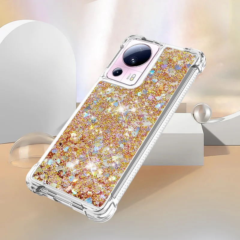 YB Quicksand Series-1 Para Xiaomi 13 Lite / Civi 2 5G TPU Soft TPU Bling Liquel Bling Sluglipling Pole Tape - Ouro / Corações