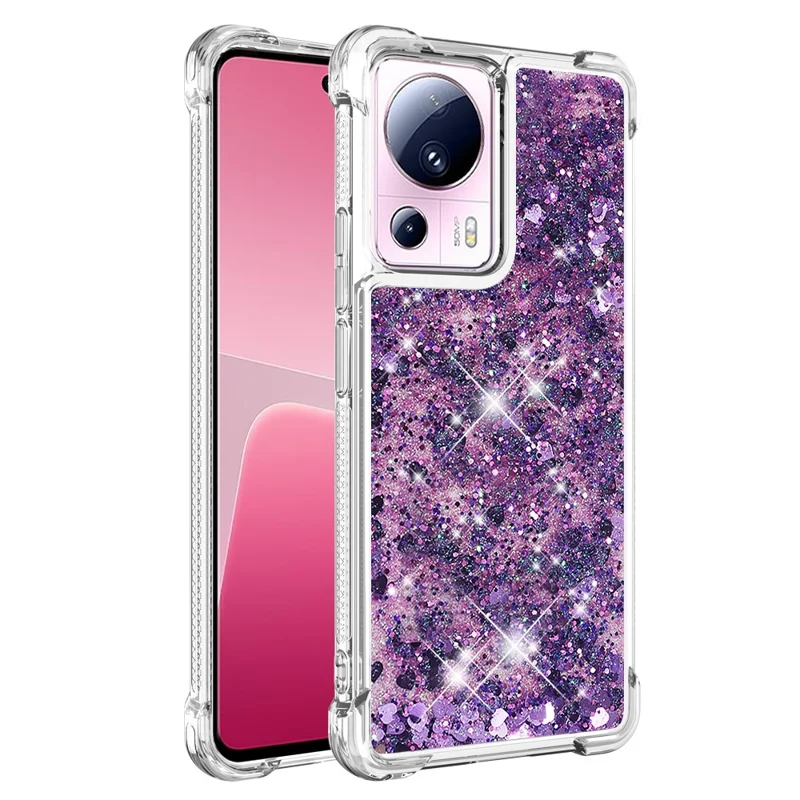 YB Quicksand Series-1 Para Xiaomi 13 Lite / Civi 2 5G TPU Soft TPU Bling Liquel Bling Sluglipling Pole Tape - Roxo Escuro / Corações