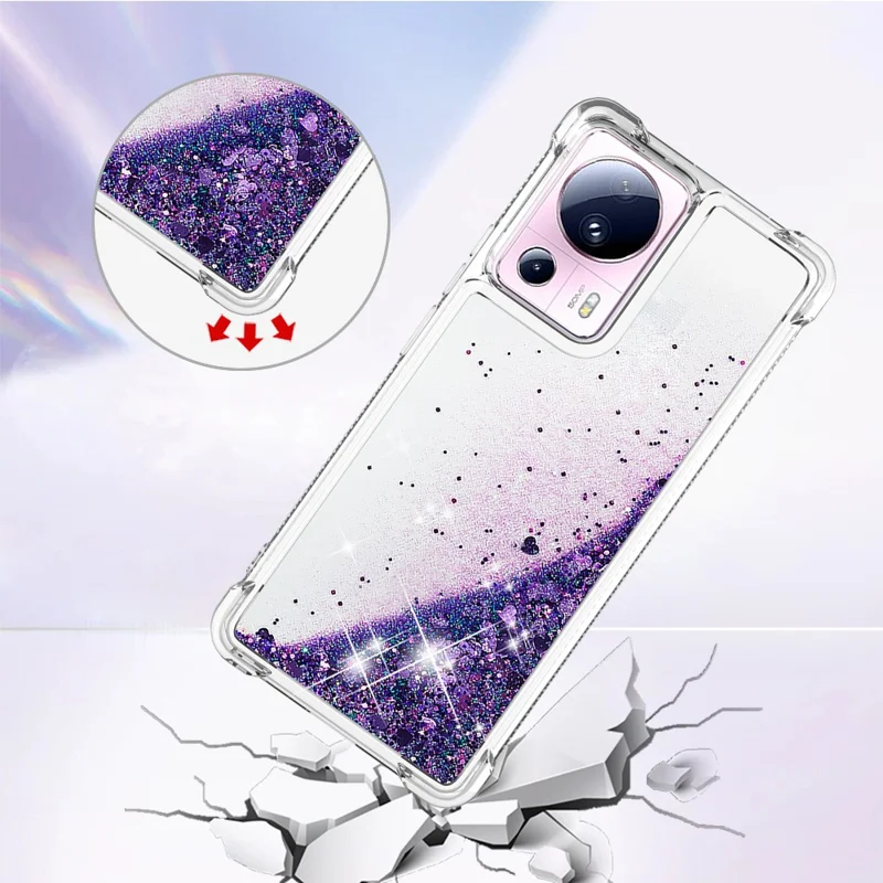YB Quicksand Series-1 Para Xiaomi 13 Lite / Civi 2 5G TPU Soft TPU Bling Liquel Bling Sluglipling Pole Tape - Roxo Escuro / Corações