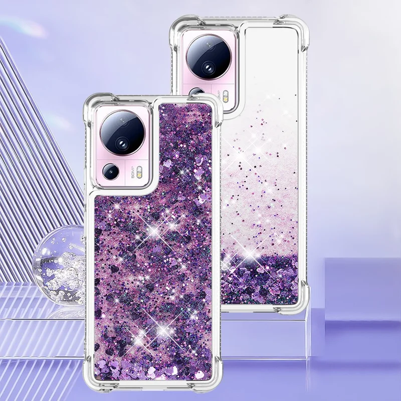 YB Quicksand Series-1 Para Xiaomi 13 Lite / Civi 2 5G TPU Soft TPU Bling Liquel Bling Sluglipling Pole Tape - Roxo Escuro / Corações