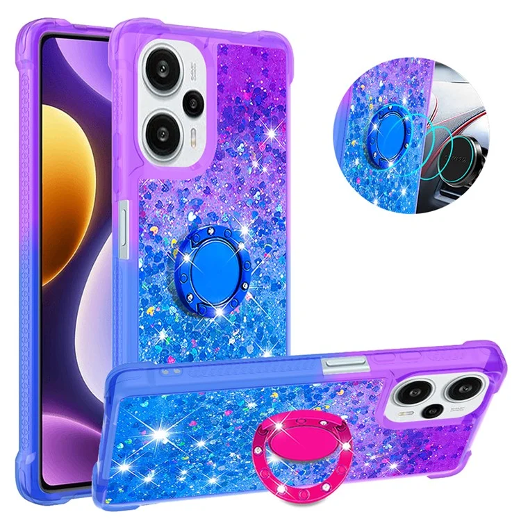 YB Quicksand Series-8 para Xiaomi Redmi Note 12 Turbo / Poco F5 5G Funda de teléfono con líquido de lentejuelas, anillo de soporte y gradiente de TPU - Púrpura + Azul Celeste