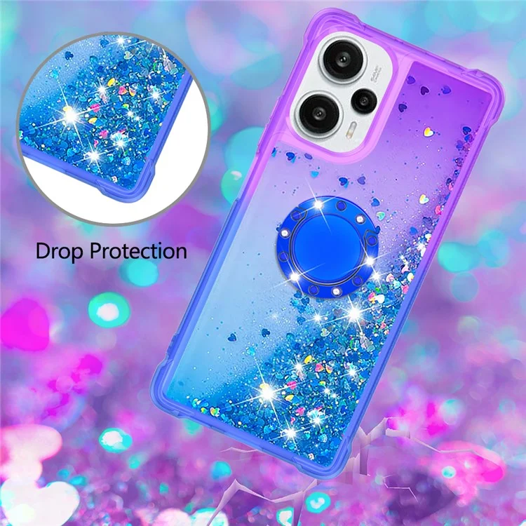 YB Quicksand Series-8 para Xiaomi Redmi Note 12 Turbo / Poco F5 5G Funda de teléfono con líquido de lentejuelas, anillo de soporte y gradiente de TPU - Púrpura + Azul Celeste