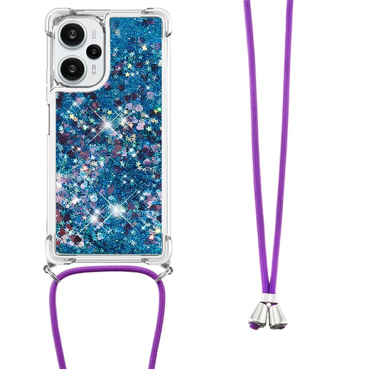 For Xiaomi Poco F5 5G / Redmi Note 12 Turbo TPU Case Quicksand Design Phone Cover with Lanyard - Blue / Hearts