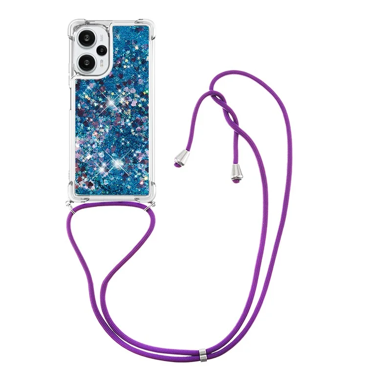 For Xiaomi Poco F5 5G / Redmi Note 12 Turbo TPU Case Quicksand Design Phone Cover with Lanyard - Blue / Hearts
