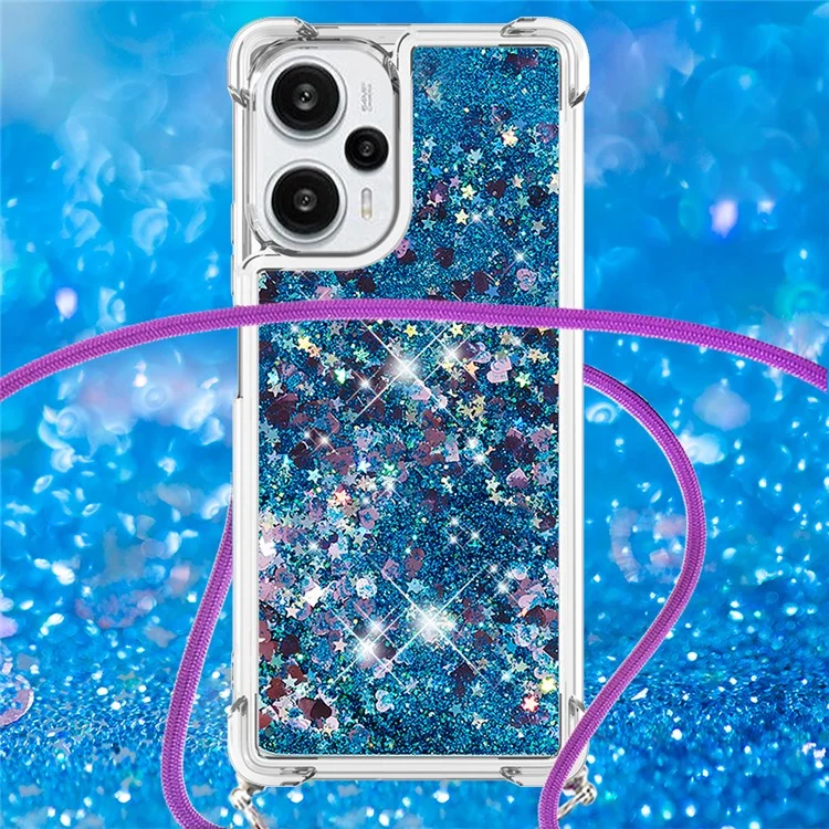 For Xiaomi Poco F5 5G / Redmi Note 12 Turbo TPU Case Quicksand Design Phone Cover with Lanyard - Blue / Hearts