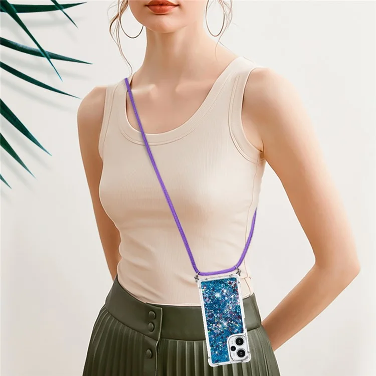 For Xiaomi Poco F5 5G / Redmi Note 12 Turbo TPU Case Quicksand Design Phone Cover with Lanyard - Blue / Hearts