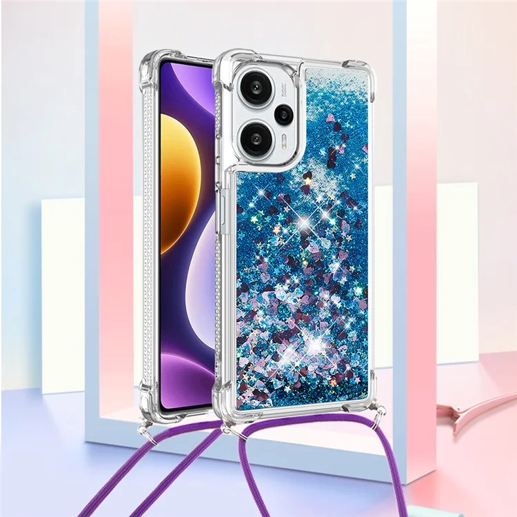 For Xiaomi Poco F5 5G / Redmi Note 12 Turbo TPU Case Quicksand Design Phone Cover with Lanyard - Blue / Hearts