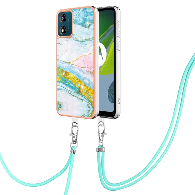 YB IMD Series-9 Para Motorola Moto E13 4G IMD Capa de Telefone com Padrão de Mármore Revestimento Eletrolítico TPU Anti-arranhões com Cordão - Verde 004