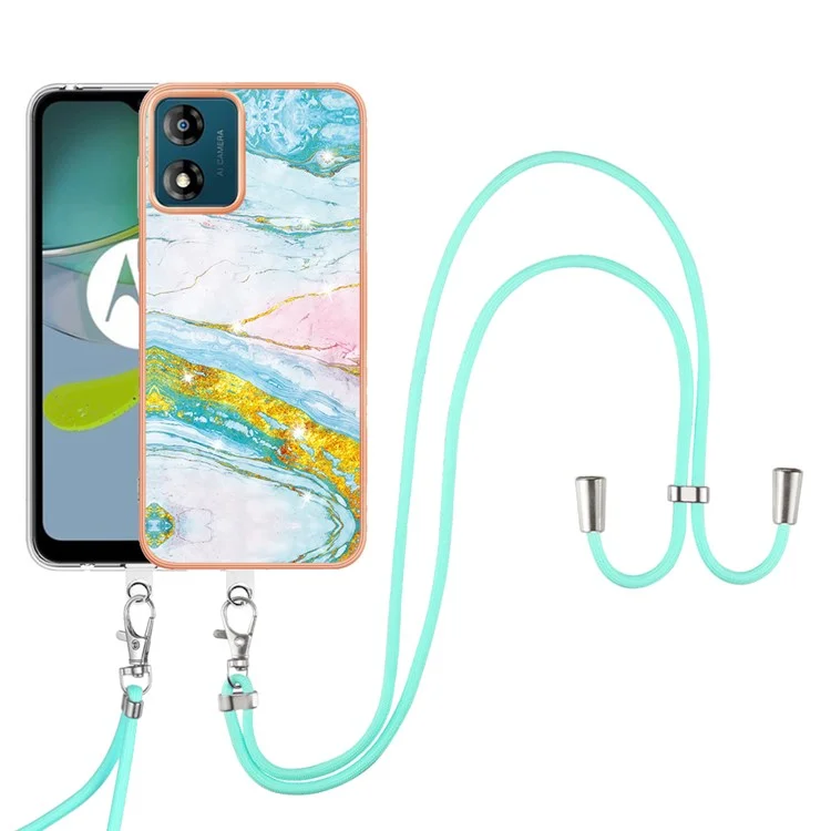 YB IMD Series-9 Para Motorola Moto E13 4G IMD Capa de Telefone com Padrão de Mármore Revestimento Eletrolítico TPU Anti-arranhões com Cordão - Verde 004