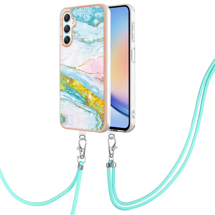 For Samsung Galaxy A24 4G (162.1 x 77.6 x 8.3mm) Case with Shoulder Strap IMD IML Flower Pattern TPU Back Cover - Green 004