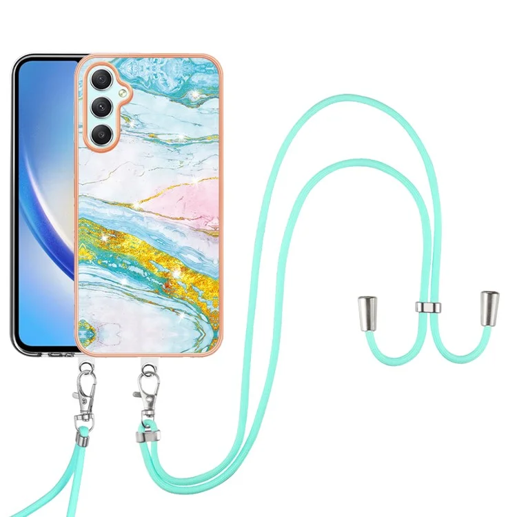For Samsung Galaxy A24 4G (162.1 x 77.6 x 8.3mm) Case with Shoulder Strap IMD IML Flower Pattern TPU Back Cover - Green 004