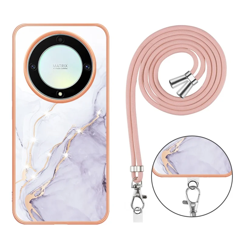 For Honor X40 5G / X9a 5G / Magic5 Lite 5G Case with Shoulder Strap IMD IML Flower Pattern TPU Back Cover - White 006