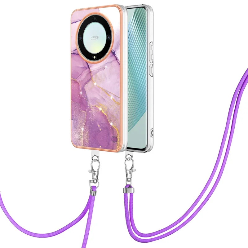 For Honor X40 5G / X9a 5G / Magic5 Lite 5G Case with Shoulder Strap IMD IML Flower Pattern TPU Back Cover - Purple 001