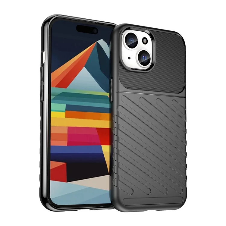 Thunder Series For iPhone 15 Plus Thicken TPU Phone Case Twill Texture Anti-scratch Cover - Black