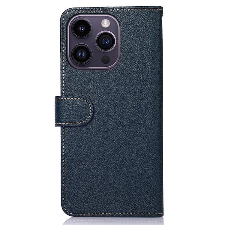 Capa de Couro Slim-Fit KHAZNEH para iPhone 14 Pro com Bloqueio RFID, Textura de Litchi, Suporte para Telefone - Azul