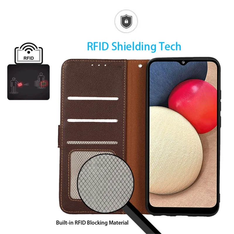 KHAZNEH Para iPhone 15 Pro Estuche de Cuero Antiarañazos con Bloqueo RFID Billetera Soporte - Marrón