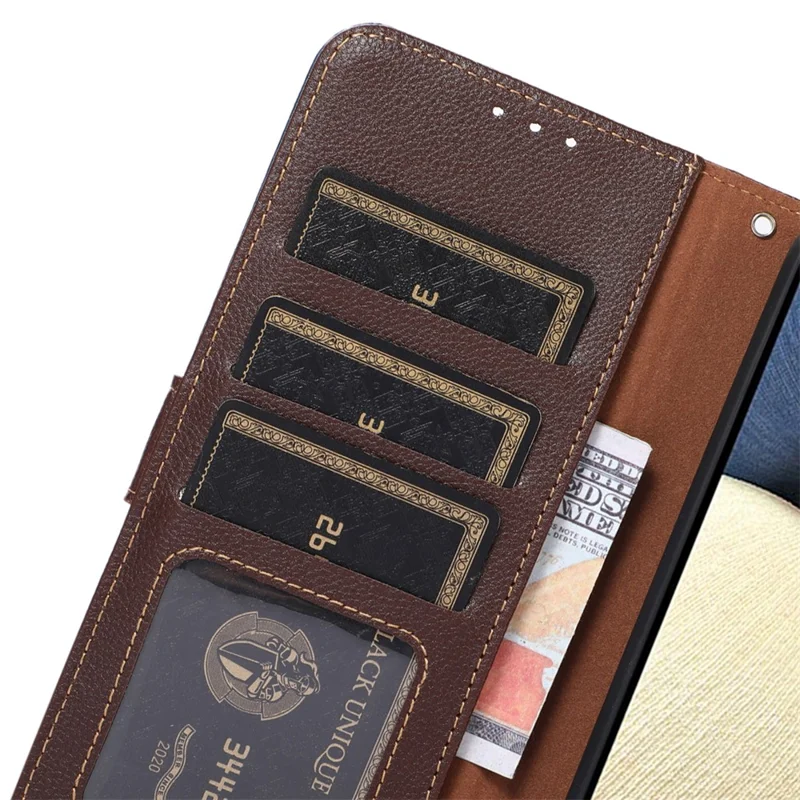 KHAZNEH Para iPhone 15 Pro Estuche de Cuero Antiarañazos con Bloqueo RFID Billetera Soporte - Marrón
