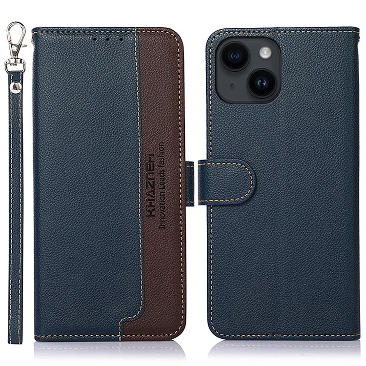KHAZNEH For iPhone 15 RFID Blocking Litchi Texture Leather Case Stand Wallet Phone Cover - Blau